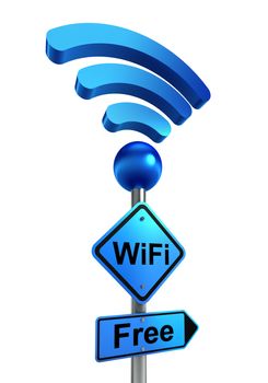 wifi blue road sign and symbol on metal pole. clipping path included