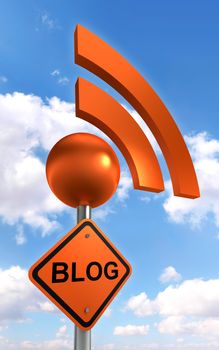 blog sign orange black with rss symbol on sky background. clipping path included