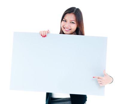 Portrait of a happy young woman holding blank signboard, isolated on white background.