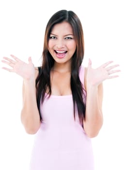 Happy young woman looking surprised,isolated on white.