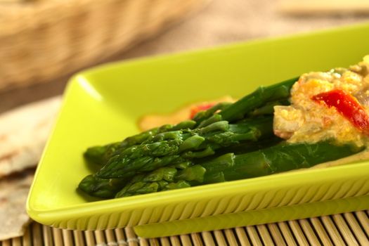 Green asparagus curry (Selective Focus, Focus on the two asparagus heads in the front)