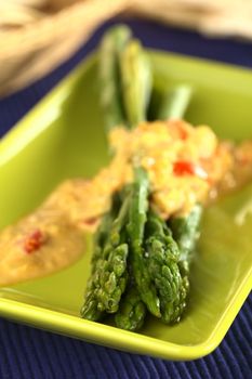 Green asparagus curry (Selective Focus, Focus on the two upper asparagus tips)