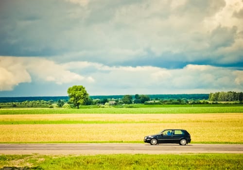 Car on a road near meadow with green grass