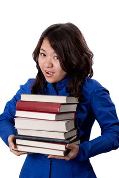 Young asian girl with books, isolated on white