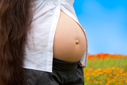Pregnant Woman at open air, grass and blue sky background