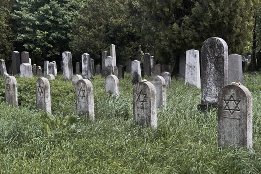 A set of jewish nameless graves with stones on the tombstones as the sign for having been visited recently