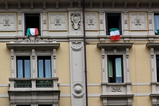 A detail of a house showing colors after a national holiday in Italy