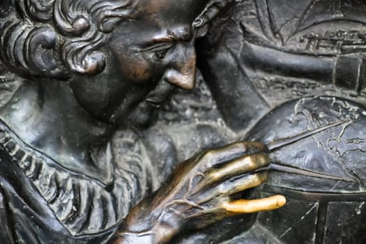 The metal sculpture of Columbus in Torino, Italy. Striking the finger means luck.