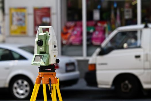 Perfect gear for a geometer on a street in Vienna