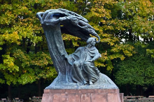 A statue of Frederic Chopin, the polish composer, in a park in Warsaw, Poland