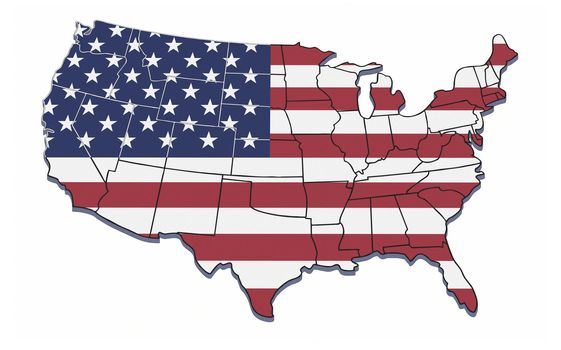 Illustration of USA with state borders and stars and stripes background.
