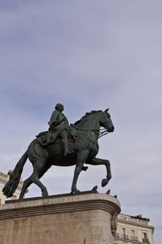 Monument of Charles III on Puerta del Sol in the center of Madrid - with a dove