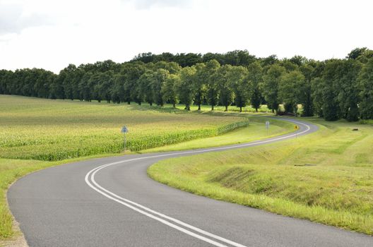 This photo present double bend on the road leading to the overpass over the highway.