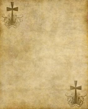 christian cross on old paper or parchment background texture