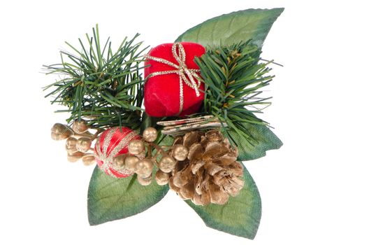 Christmas decorations on white reflective background.