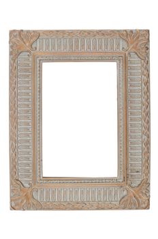 Wooden table photo frame, side view, on white reflective background.