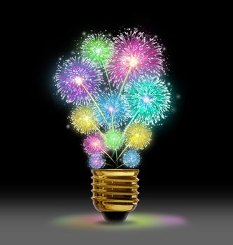Creative Explosion as a fireworks display celebration represented by exploding sparks of color in the shape of a light bulb on black as a concept of innovation and creative power.