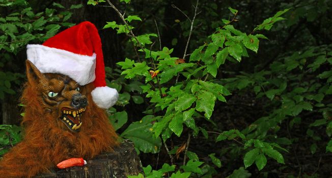 A Werewolf celebrating the Holidays and finishing his meal in the woods with room for your text