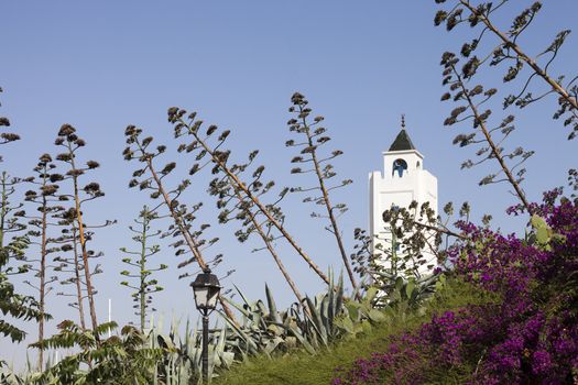 Minaret of Sidi Bou Said Mosque in local traditional colours. Photo taken in suburb of Tunis - capital city of Tunisia