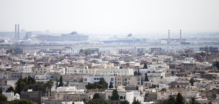 CARTHAGE, TUNISIA - June 19: View on Carthage and La Goulette port with cruise ships as seen from Byrsa Hill, Carthage, Tunisia, June 19, 2012.