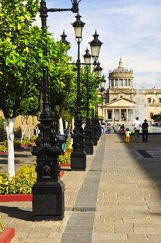 Plaza Tapatia leading to Hospicio Cabanas in historic Guadalajara center, Jalisco, Mexico