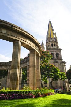 Rotonda de los Jalisciences Ilustres and Cathedral in historic center in Guadalajara, Jalisco, Mexico