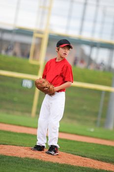 Young baseball player looking at the batter.