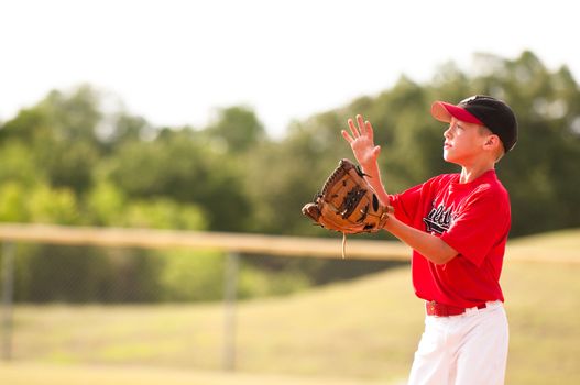 Young baseball player in red jersey about to catch the pop fly.