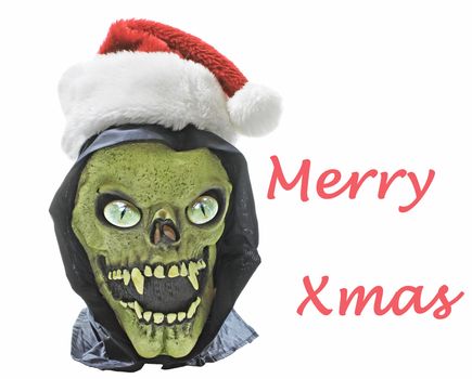 An Evil scary and mean old Grinch wishing everyone a merry Xmas isolated on white.