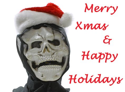 A sad and dejected looking Halloween ghoul wishing everyone a Merry Xmas and Happy Holidays isolated on white.