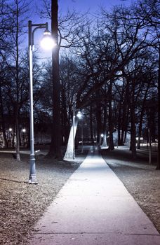 Path through city park at night with street lamps
