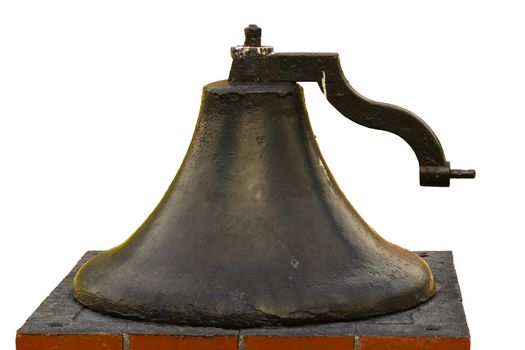 An old large church bell on a brick pedistal isolated on white with room for your text.