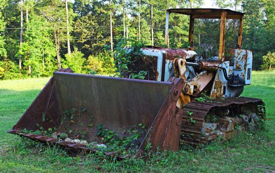 An antique vintage old and rusted weed and plant overgrown Bulldozer in a field outside.