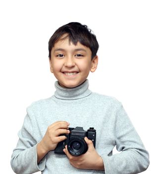 smiling asian boy with camera isolated on white