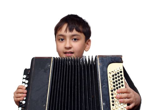young boy asian boy plays on accordion