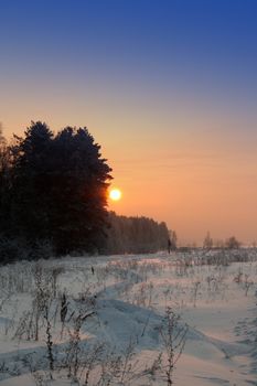 winter landscape with sunset in dusk