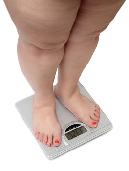 women legs with overweight standing on bathroom scales