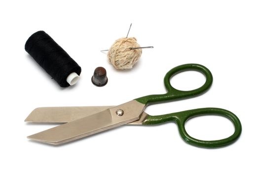 sewing tools - shears, needles, thimble and threads