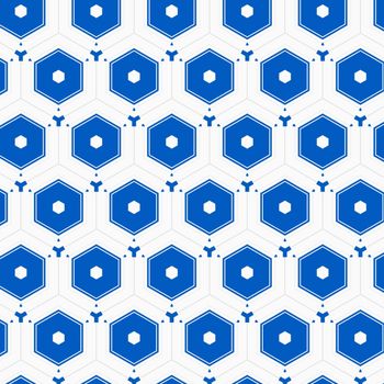 An abstract illustrated repeating hexagonal pattern done in blue and white. It's inspiration is Victorian bathroom tile, but the design is contemporary.