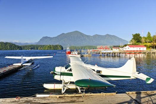 Seaplanes at dock in Tofino on Pacific coast of British Columbia, Canada