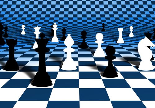Illustration of chess pieces over a blue and white curved chessboard