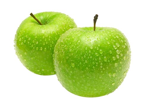 Two green apples with water drops isolated on a white background. File contains clipping path.