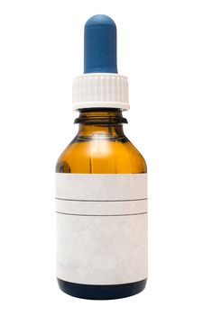Brown medicine bottle with eyedropper. Isolated on white. Blank label for your own text. File contains clipping path