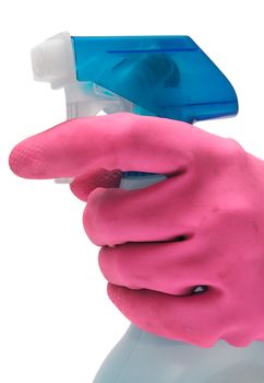 Person in washing-up gloves using a spray bottle. Isolated on a white backgorund.