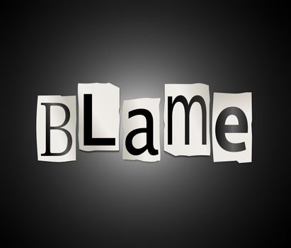 Illustration depicting cutout printed letters arranged to form the word blame.