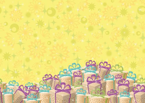 Holiday seamless background, festive gift boxes and floral pattern.