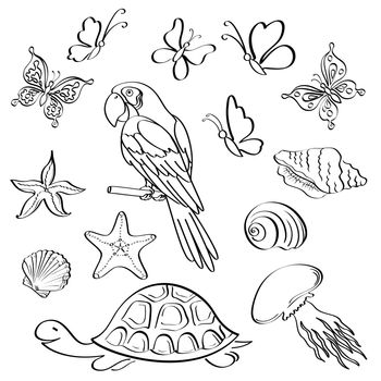 Set of exotic animals and insects, black contour on white background.
