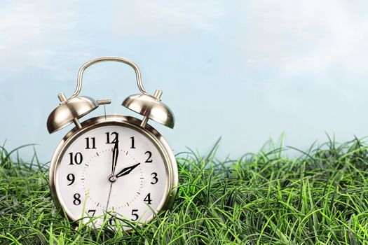 Clock in grass. Daylight saving time concept.