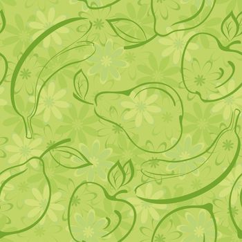 Seamless background, patterns from symbolical contour fruits and flowers.