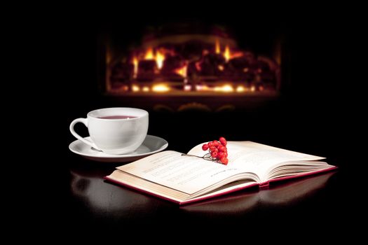 Cup of tea and a book on dark, reflective surface with fireplace in the background.






Cup of peace